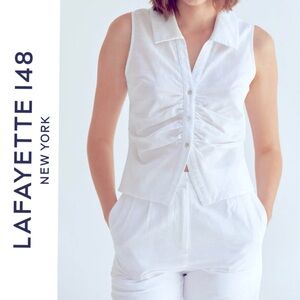 Lafayette 148 white cotton front ruched sleeveless dress shirt